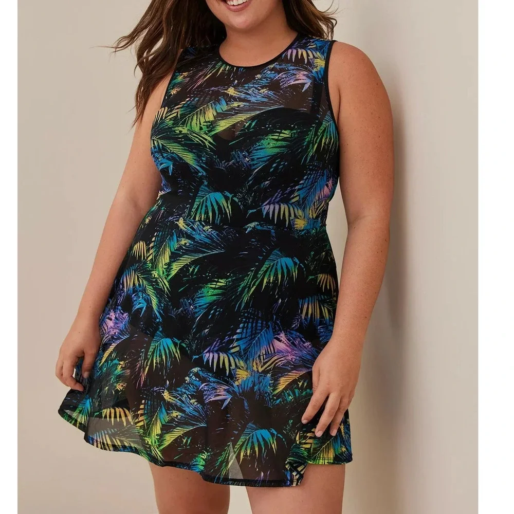 Torrid Size 2 Bra Cup D/DD Black Underwire Long Mesh Overlay Swim Dress w/Briefs
